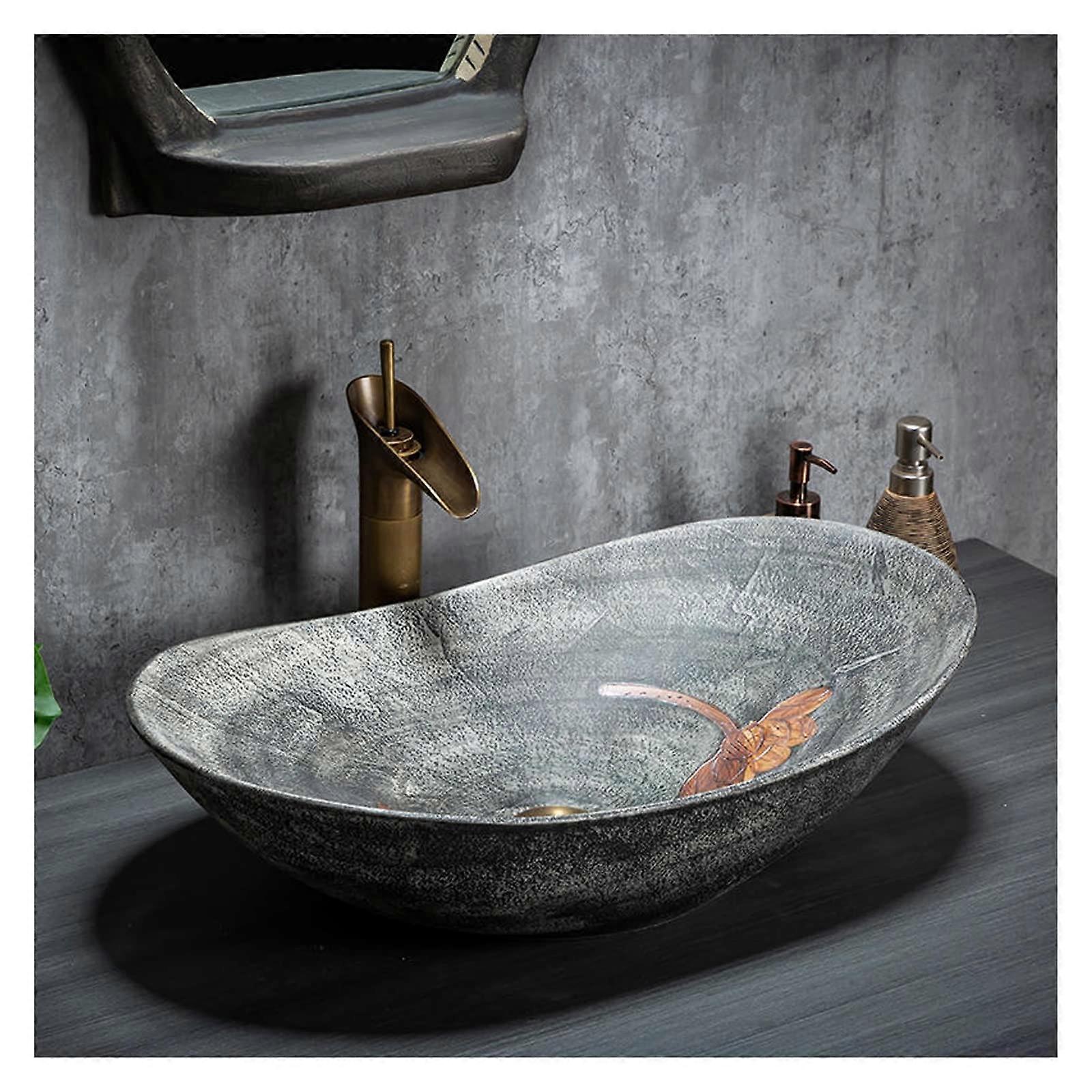 Boat Shape Ceramic Bathroom Vessel Sink with Faucet and Drain, Elegant Modern Countertop Basin