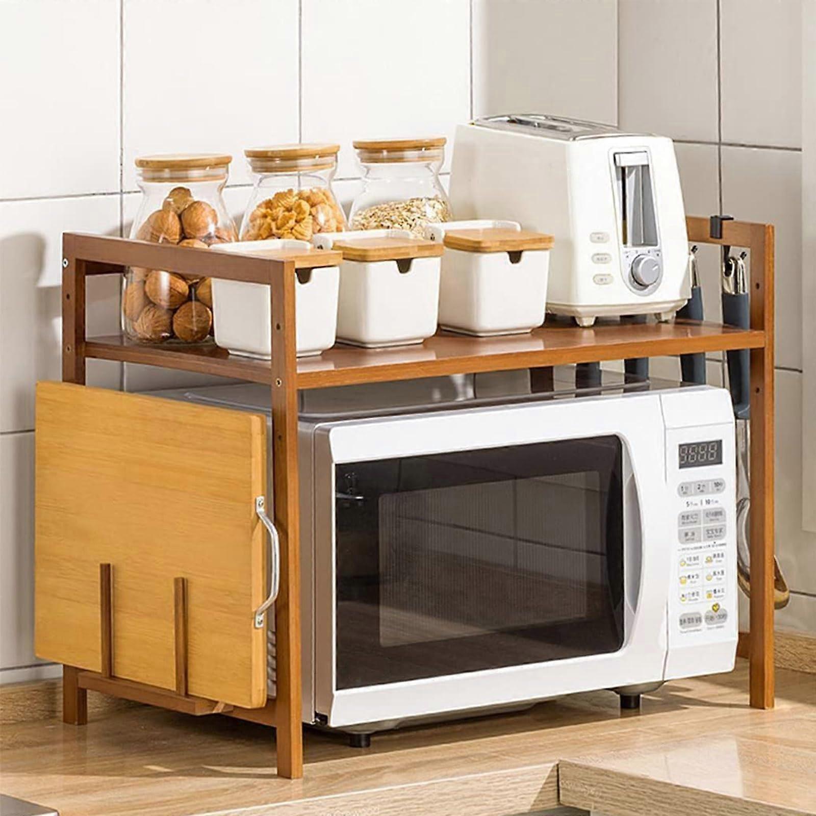 Adjustable 2Tier Bamboo Microwave Storage Rack with Hooks, SpaceSaving Kitchen Counter Shelf