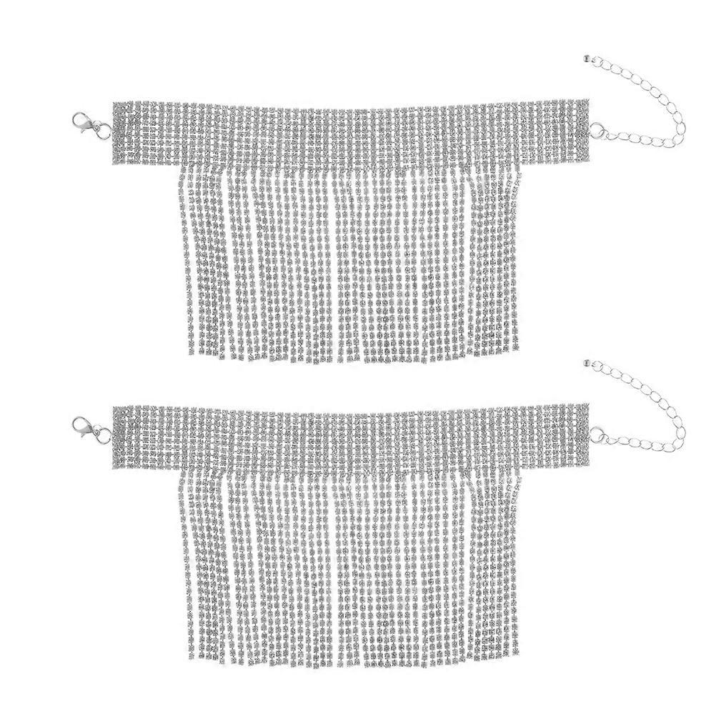 Adjustable Rhinestone Tassel Anklet 2Pcs Silver Decorative Foot Chain