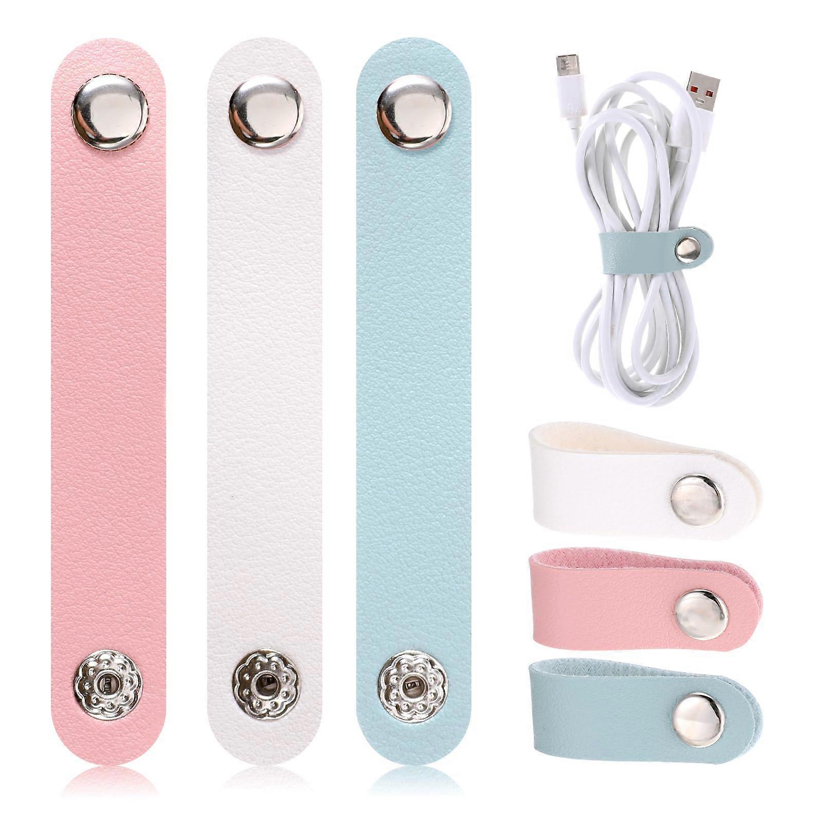 6 Pcs Leather Cable Organizer Clips, Reusable PU Cord Straps for Tangle Cable Management