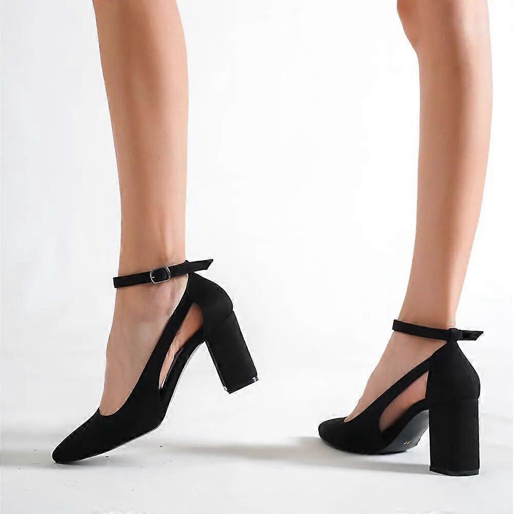 Womens Black Suede Block Heel Pumps RA-8030