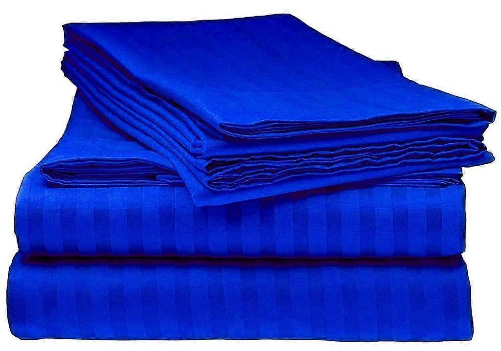 Split Queen Sheet Set for Adjustable Bed, 100% Cotton Deep Pocket, Royal Blue Stripe, 5 Piece