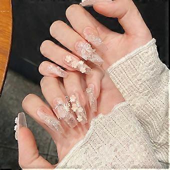 Nude Pink Press On Nails Long Square Handcrafted Floral Design Reusable Manicure Set