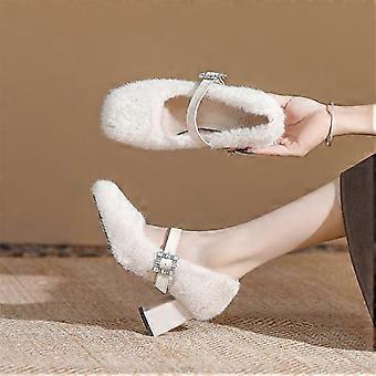 X601-b1 Fur Square Head High Heels - Mary Jane Shoes for Women - Warm Winter 2024
