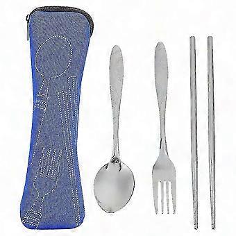 Blue Camping Utensil Set - Stainless Steel Spoon compatible withk and Chopsticks