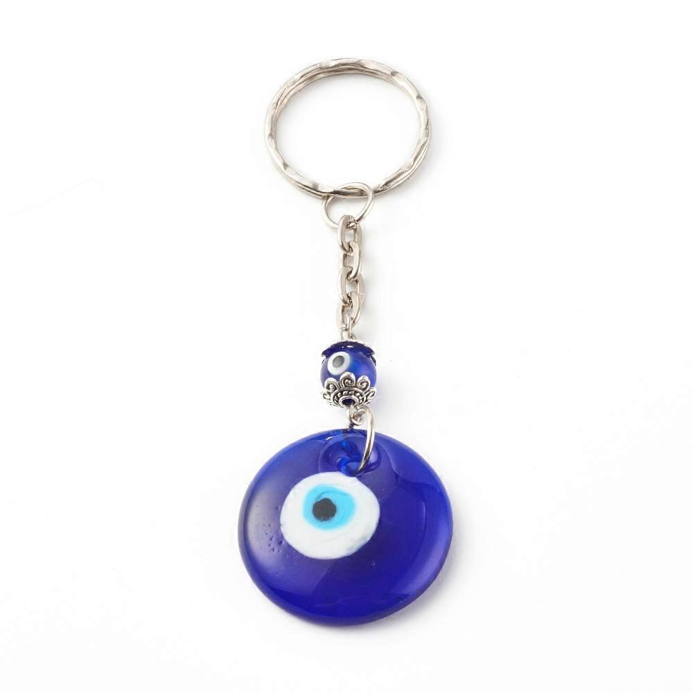 25pcs Flat Round with  Lampwork Keychain with Iron Split Key Rings Blue  9.3cm