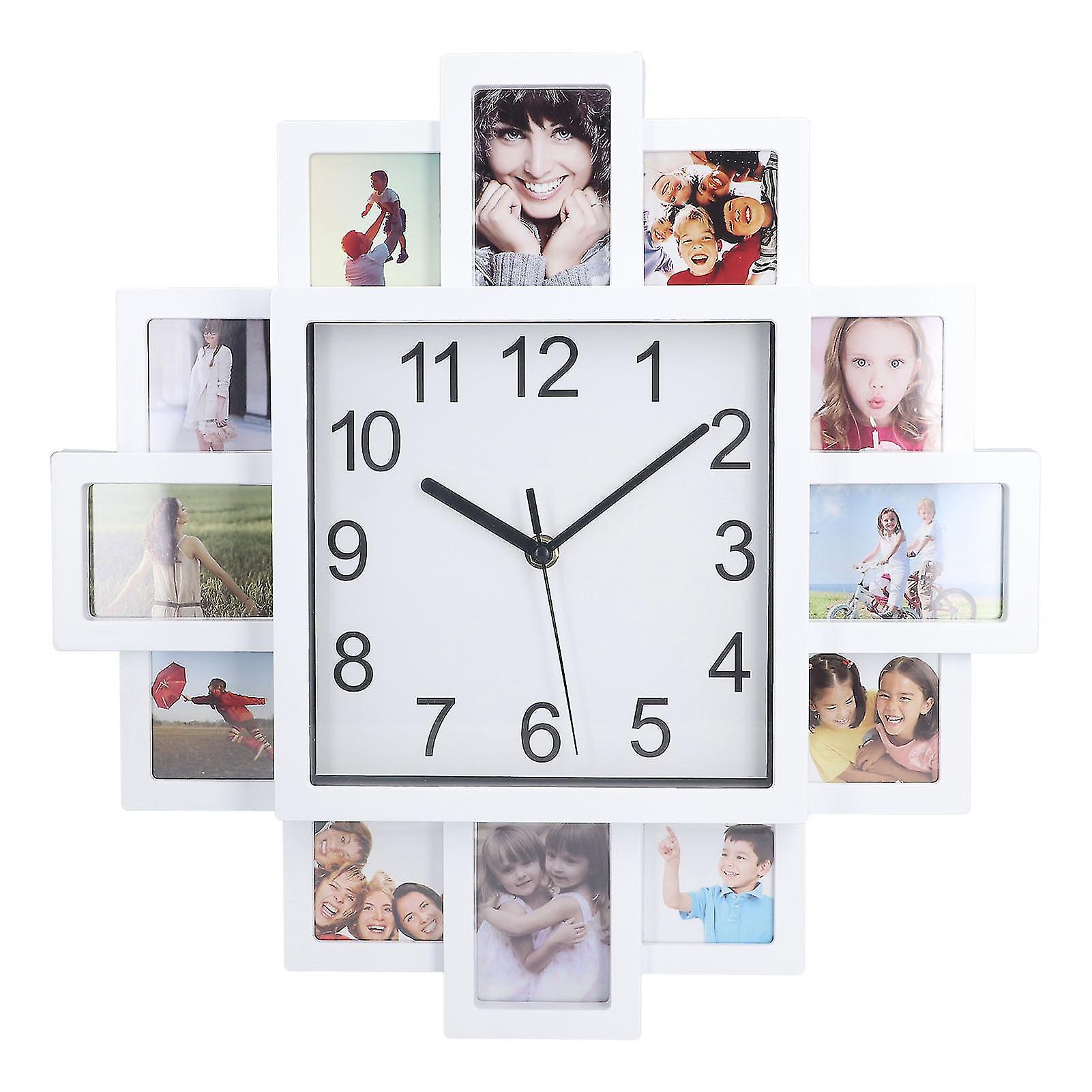 White Wall Clock with 15.35 inch Photo Frame, Customizable with Multiple Photos, for Home Decor
