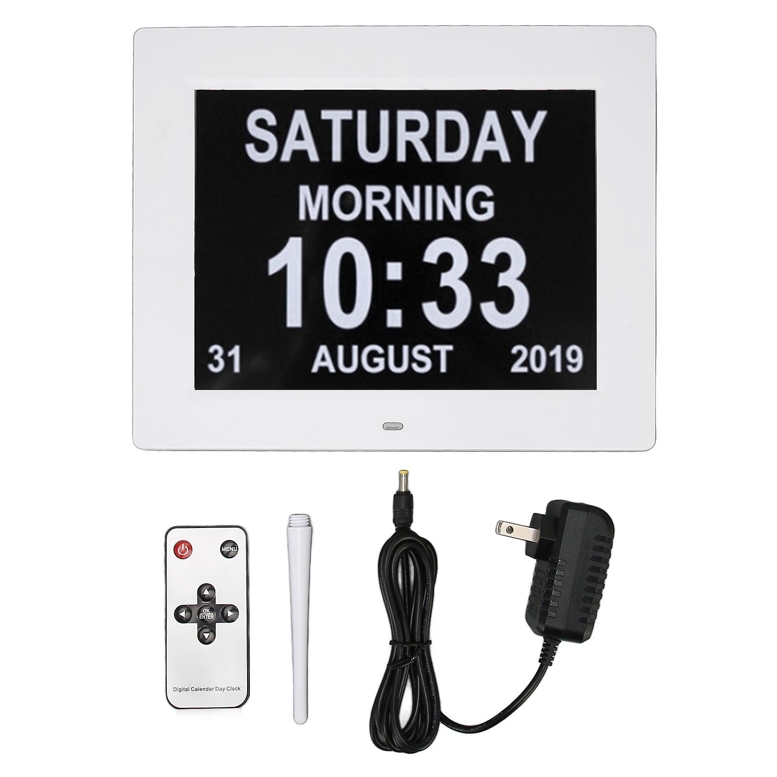 10" Digital Calendar Clock with 8 Languages, Auto Dimming, Medication Reminders, White