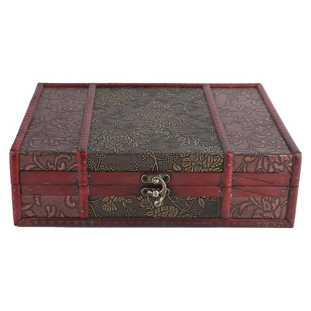 Rectangular Decorative Wooden Storage Box Vintage Design Dark Red Finish Book Style Desktop Organiser with Engraved Floral Pattern Single Item Securel