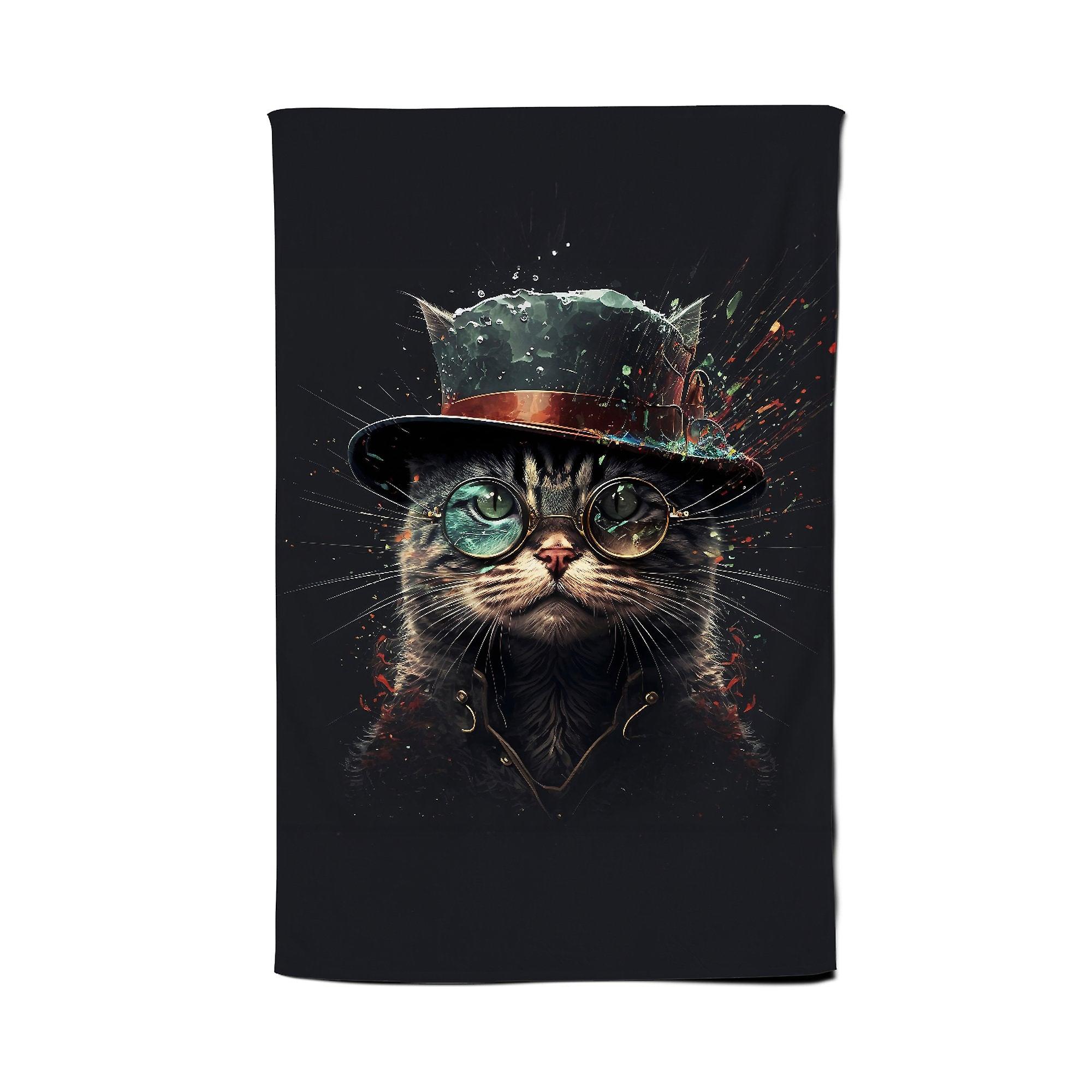 Cat With Glasses Splashart Tea Towel
