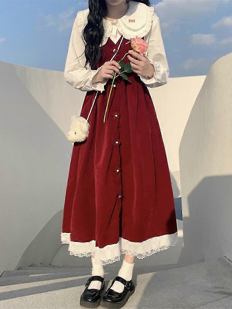 Kawaii Preppy Style Dress Suit Japanese Lolita Dresses Lace Patchwork Sweet  Cute Two Pieces Whit Long Sleeve Shirt | Fruugo UK