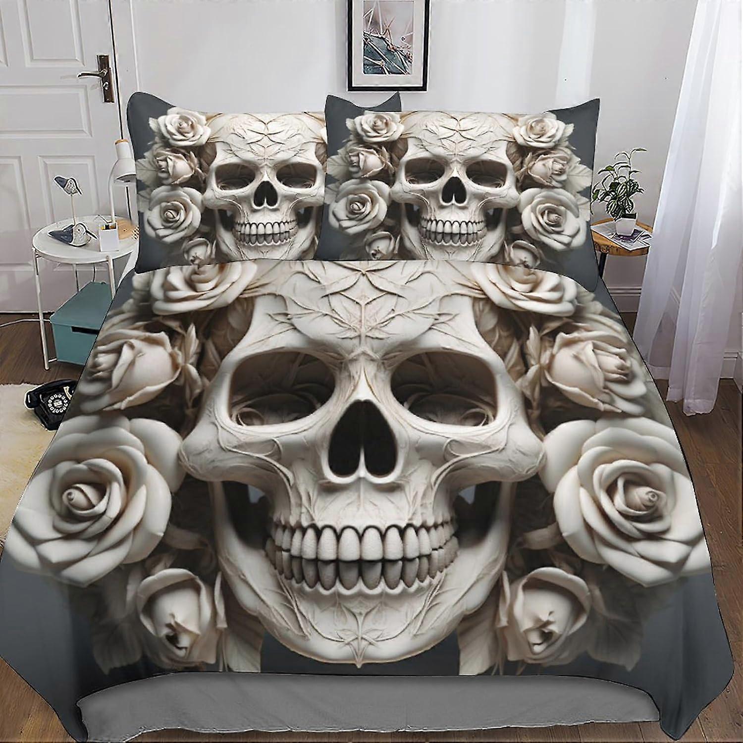 3D Gothic Skeleton Påslakan, 3 delar med örngott, mikrofiberset, dragkedja, rosa sängkläder för vuxna och barn