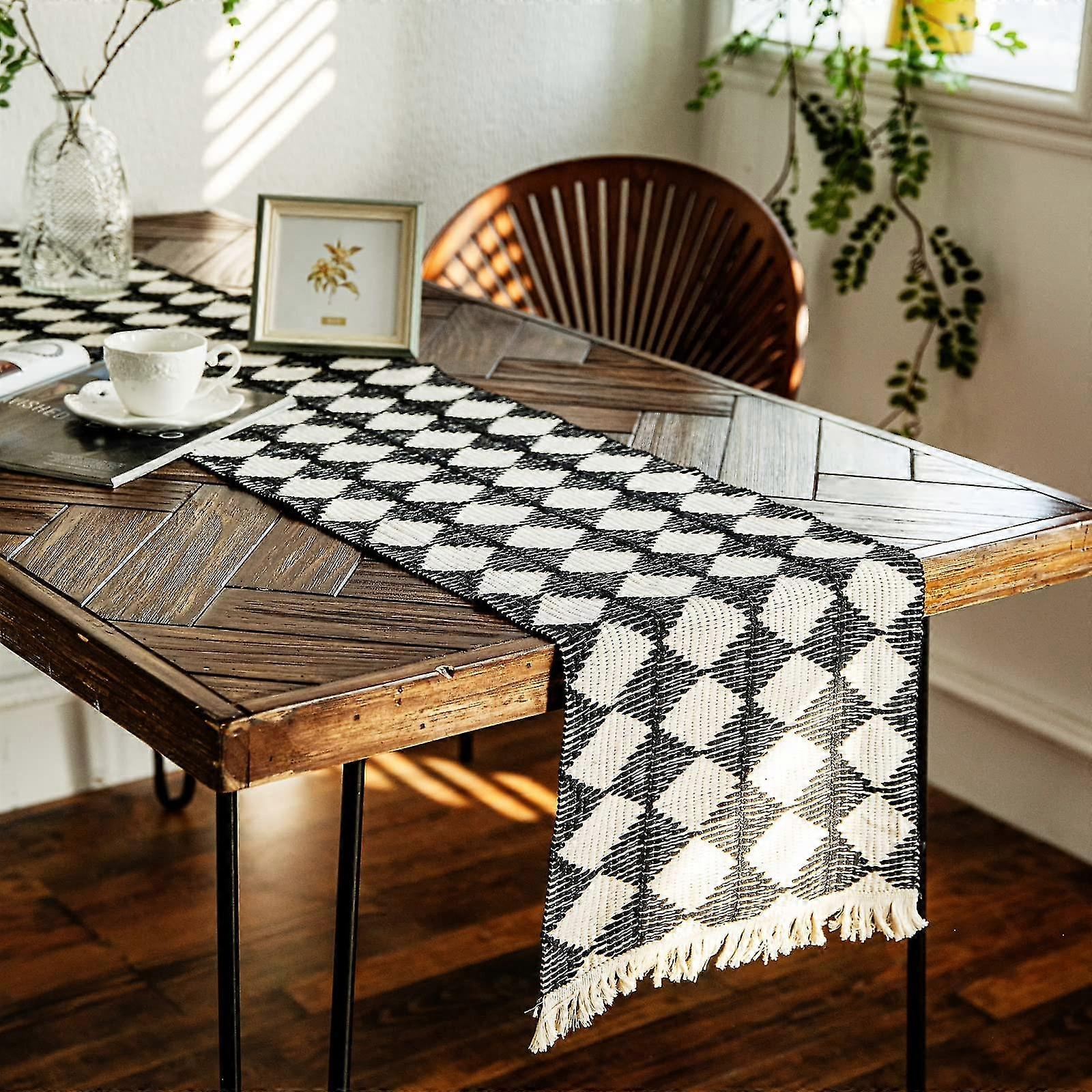 Cotton Linen Table Runner Black And White Boho Style Rhombus Pattern, Vintage Macrame Table Runner With Tassels, For Rustic Boho Wedding Kitchen Dinin
