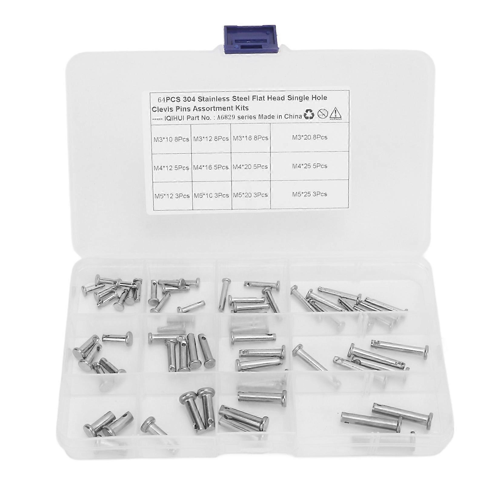 Kit sortido de pinos de clevis de aço inoxidável com 12 tamanhos, furo único, cabeça plana, formato T, redondo, para carro, 64 peças