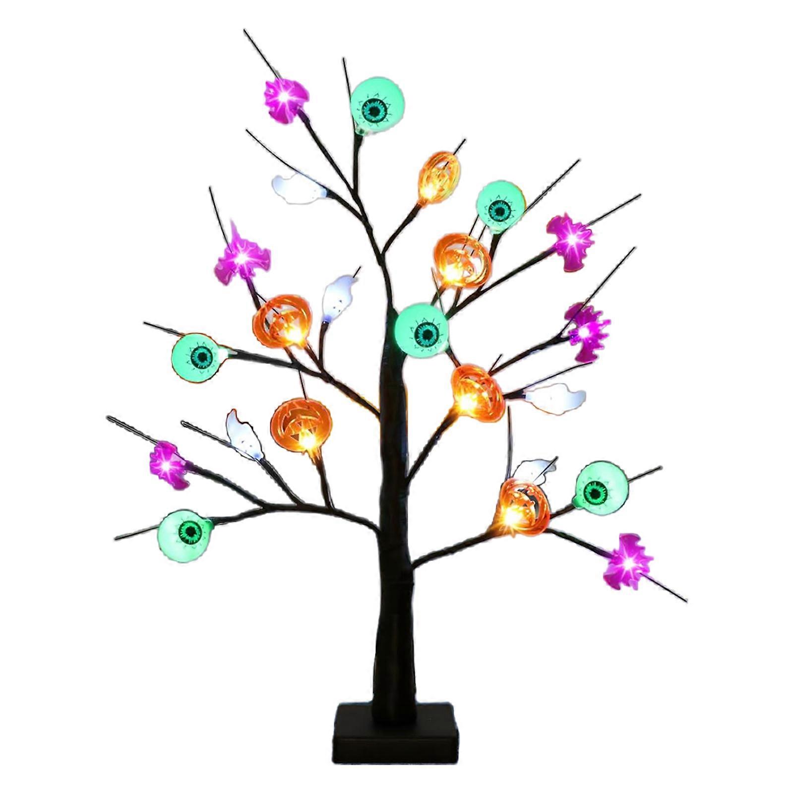 Lighted Artificial Birch Tree Halloween Table Decor with Pumpkin Eyeball USB Battery Powered Fake Tree with Lights Halloween Terror Indoor Decor