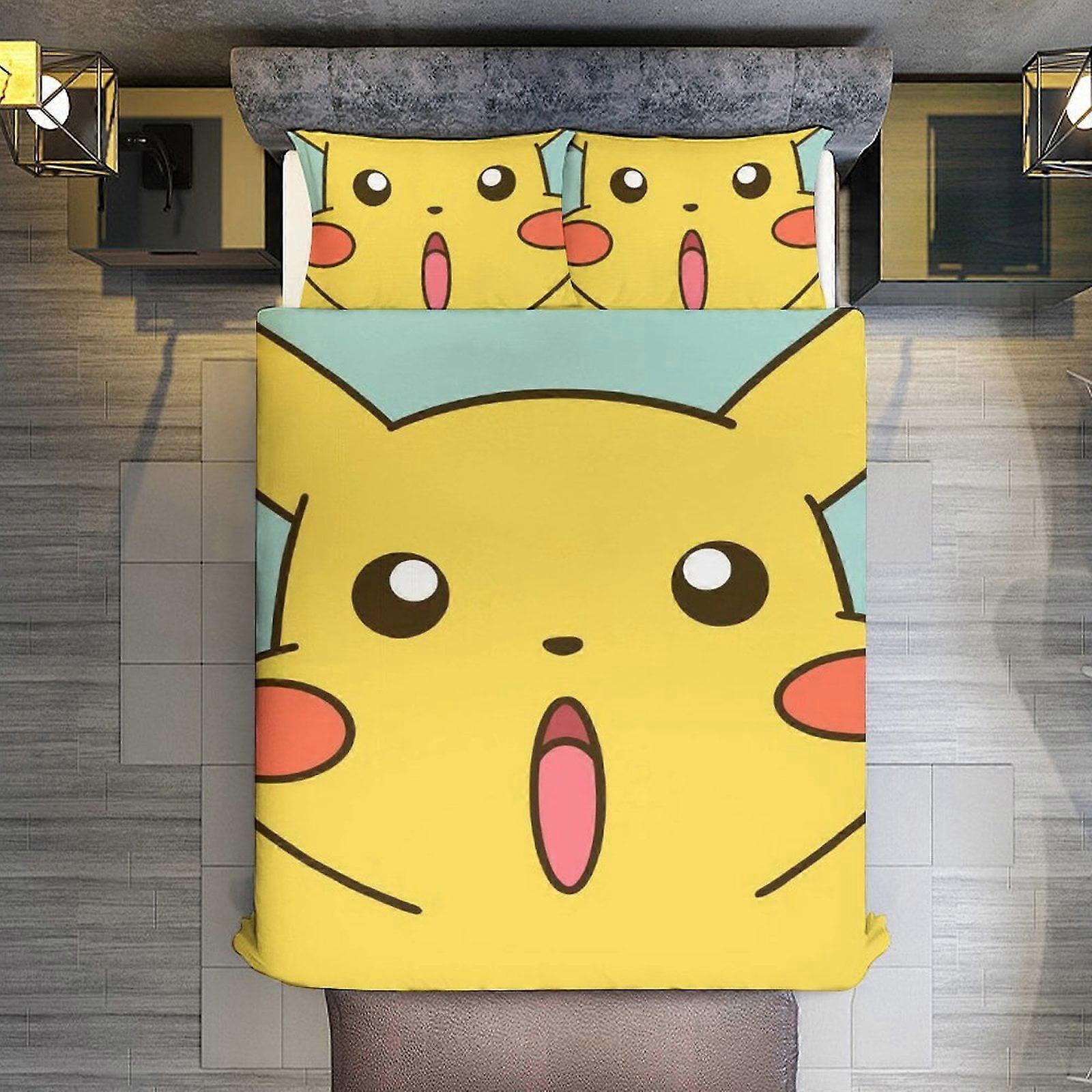 v66  Bed Sheets Bedding Pikachu Pinch Face 3 Piece Sets Full/Queen Size - Reversible Microfiber Quilts with Shams Soft Lightweight Bedspread Coverlet 