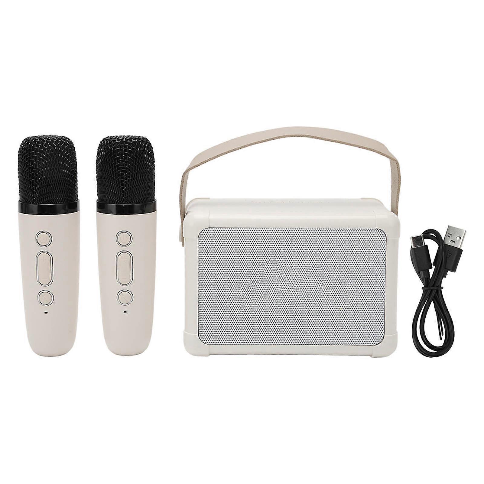 Mini Karaoke Machine HiFi Dynamic Light Portable Bluetooth Speaker with 2 Wireless Microphone for Kids Adults Beige