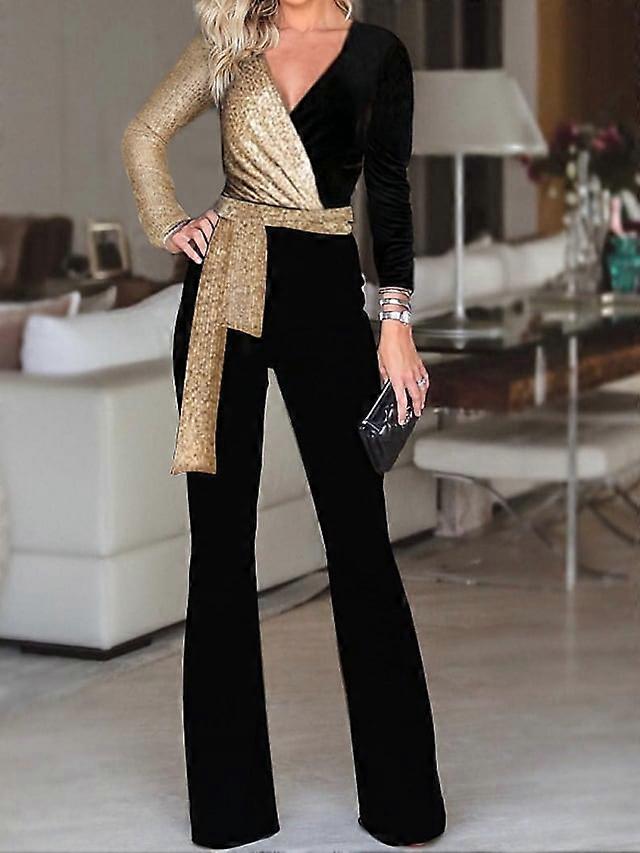 Damen Jumpsuit Farbe Block V Ausschnitt Formelle Party Gerade Regular Fit Langarm