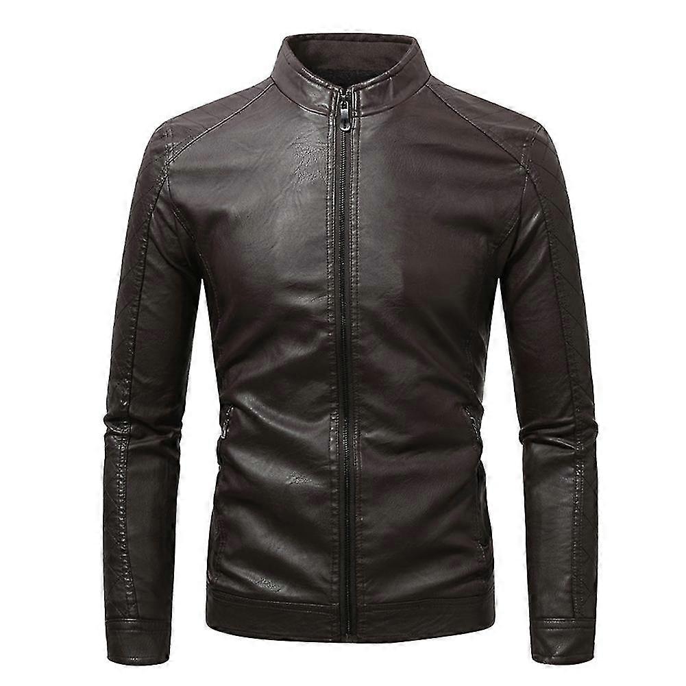 Allthemen Mens PU Casual Solid Color Stand Collar Zipper Leather Jacket