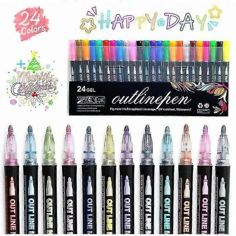 Double Line Color Pen Outline Fancy Metal 24 Colors Account Highlighter Greeting Card Pen Kids Graffiti Painting