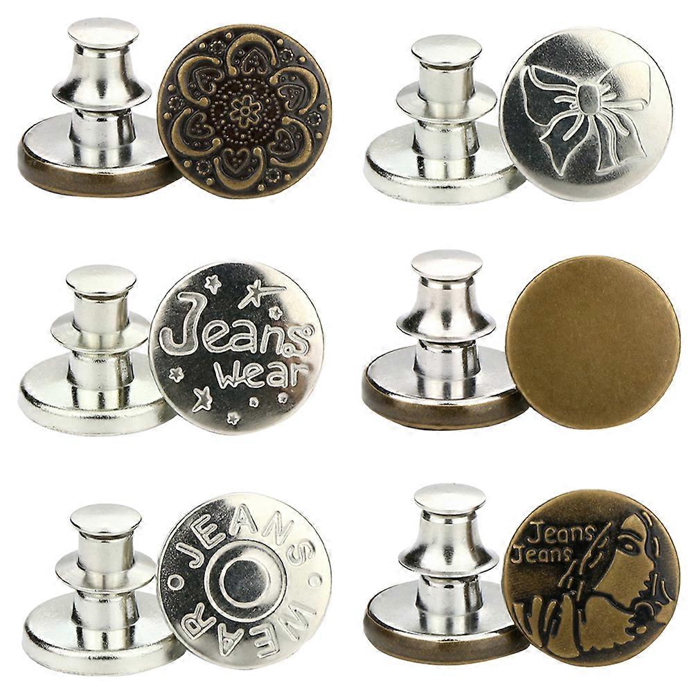 6pcs Alloy Detachable Buttons Jeans Easy Clip Snap Button Perfect Fit Instant Universal Buckles Thin Waist Replacement No Sew Needed Accessary to Redu