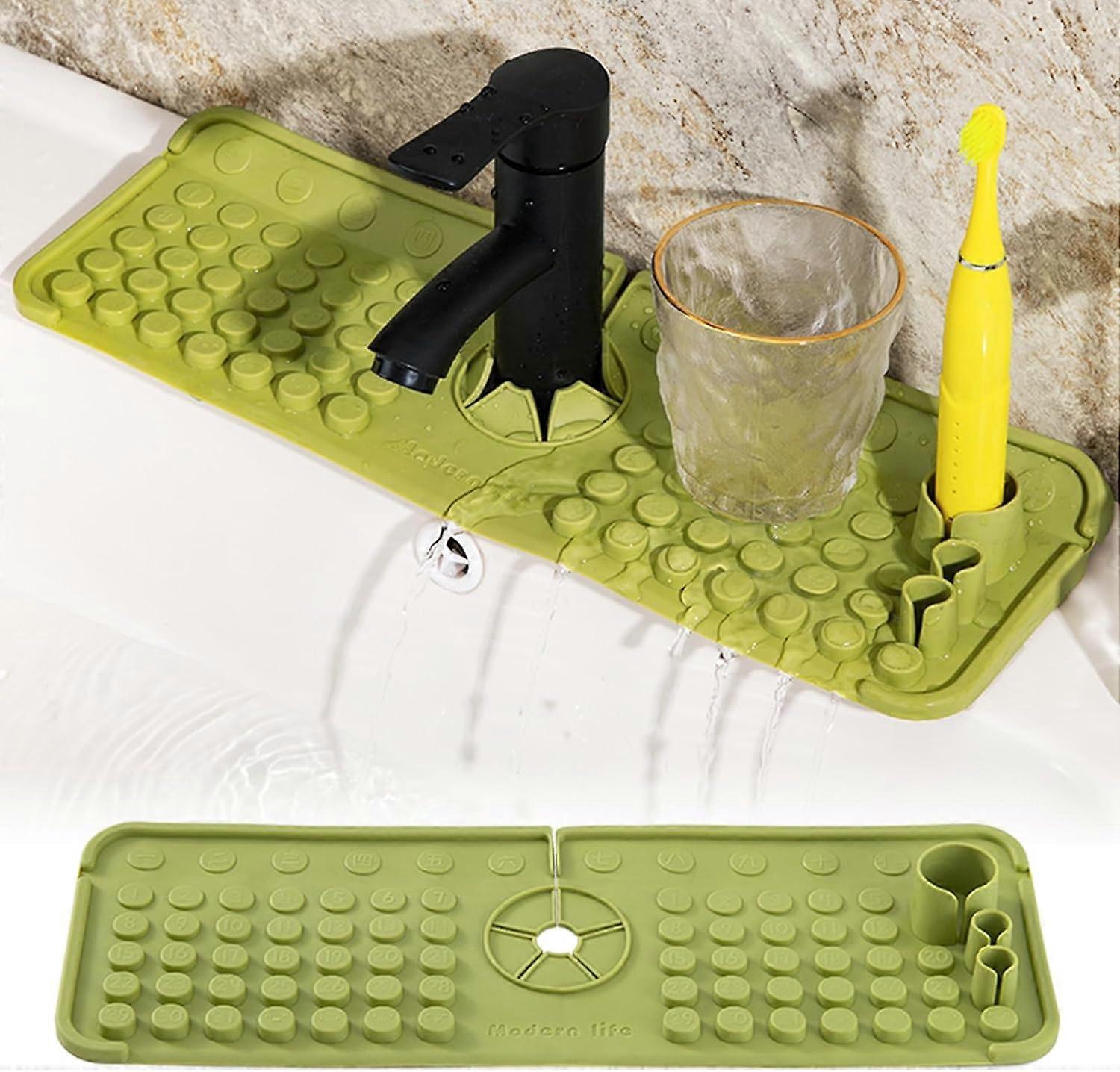 Kitchen Sink Splashback with Toothbrush Holder,Silicone Sink Drainage Mat for Kitchen Bathroom Sink Protector Accessories (Green)