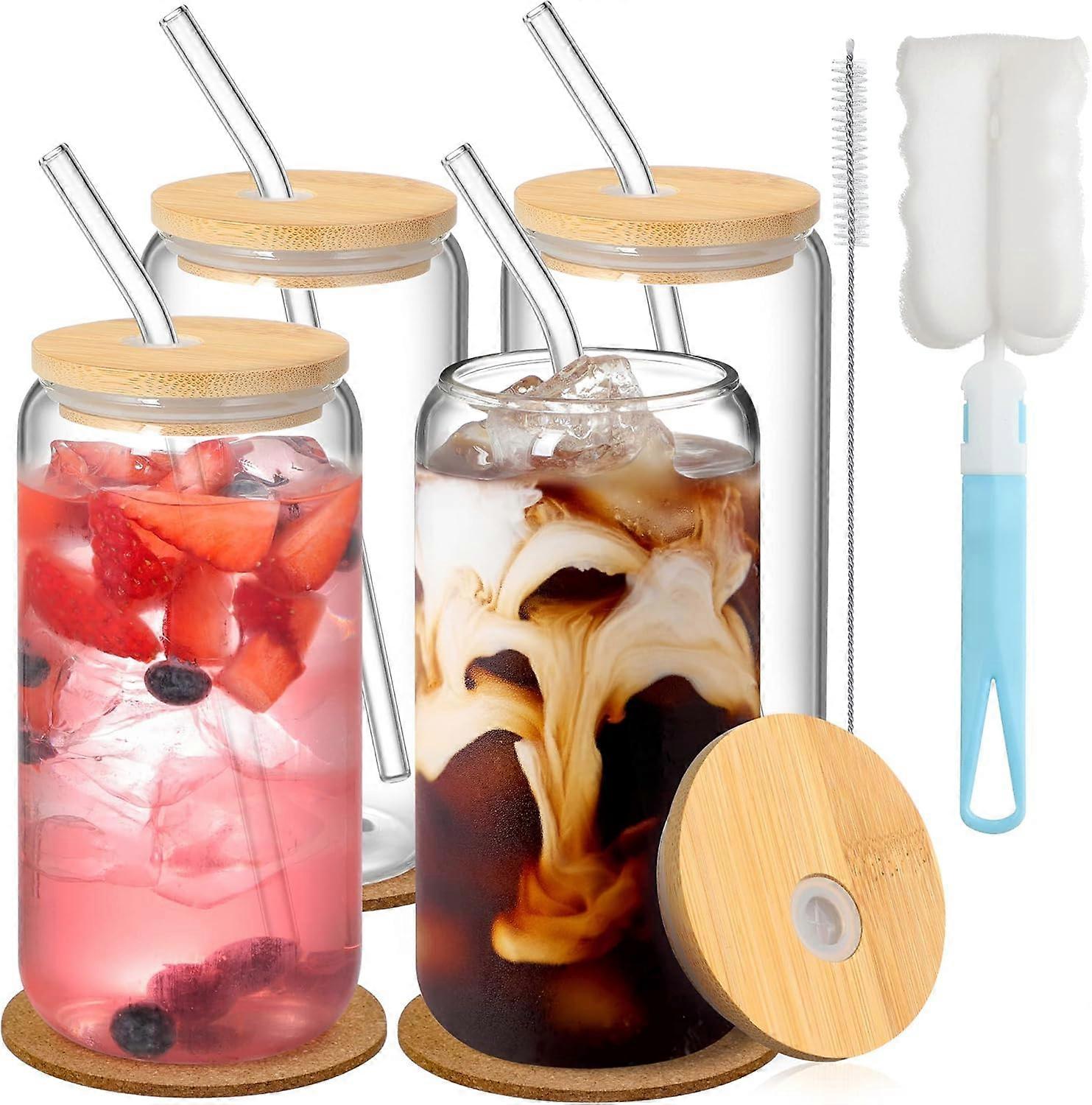 Can Shaped Glass Cups Set with Bamboo Lids and Straws, Perfect for Cocktails, Eco-Friendly, 10 oz Capacity