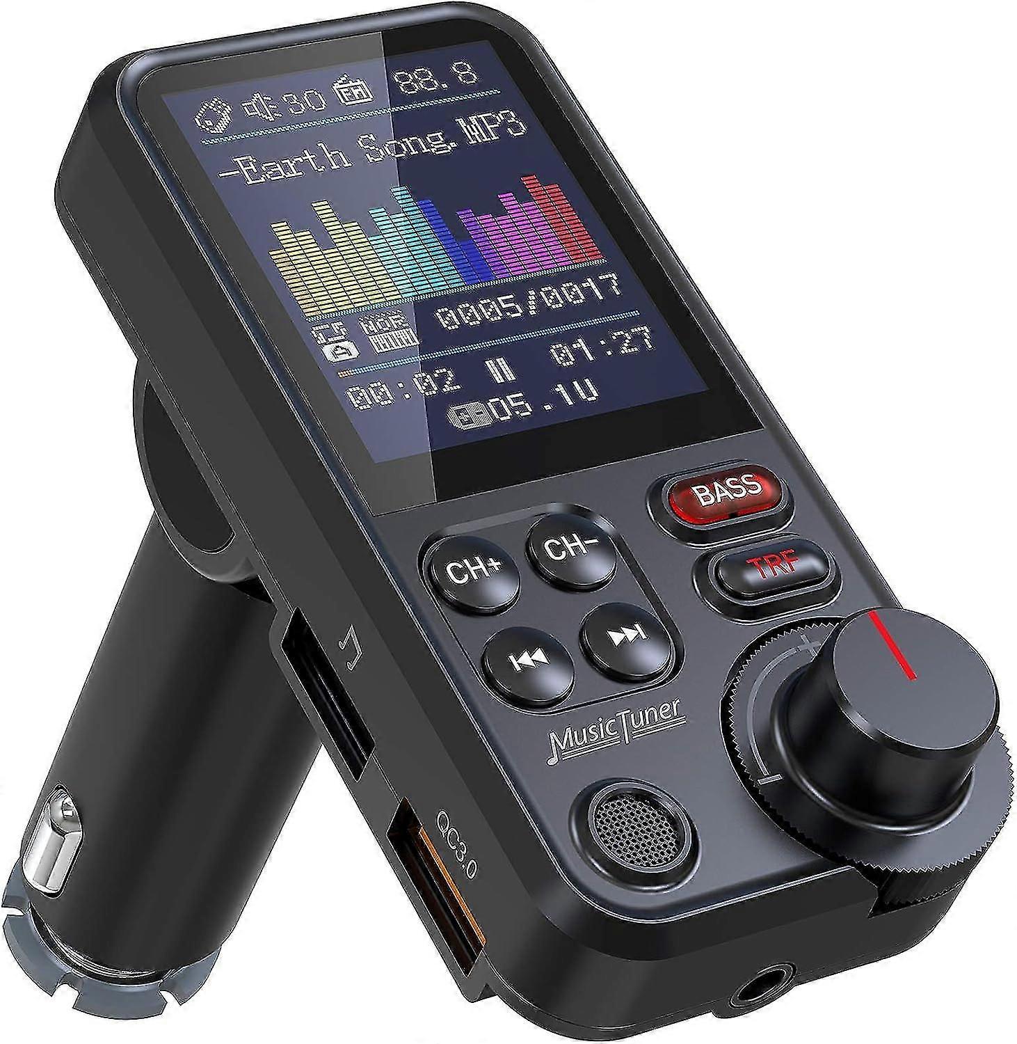 FM Bluetooth Transmitter for car Strong Microphone Bluetooth Car Adapter with 1.8" Color Screen for Hands Free Calls Supports QC3.0 Charging Treble an