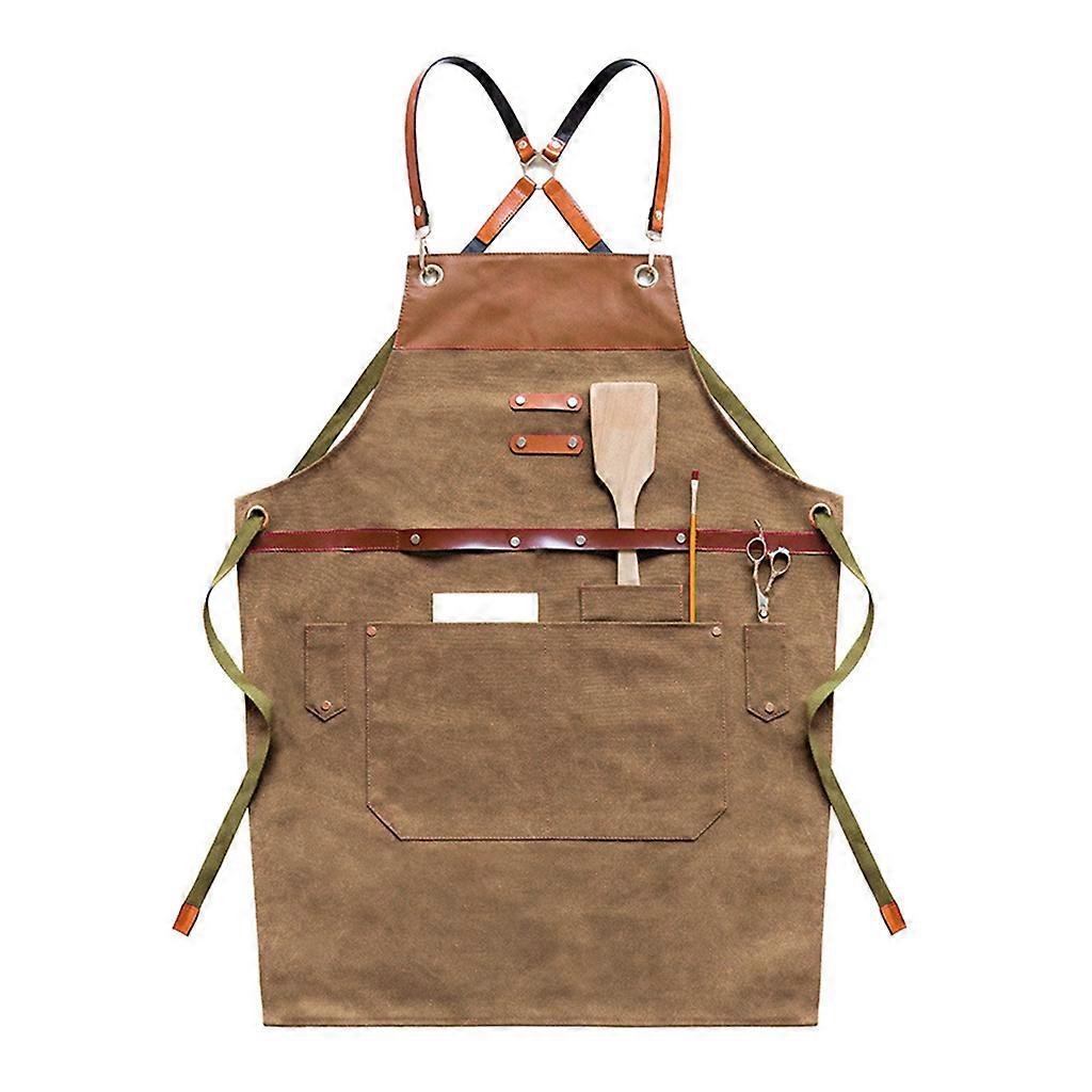 Chef Apron with for Cross Back Adjustable Strap and Large Pockets for Men Women Red Brown