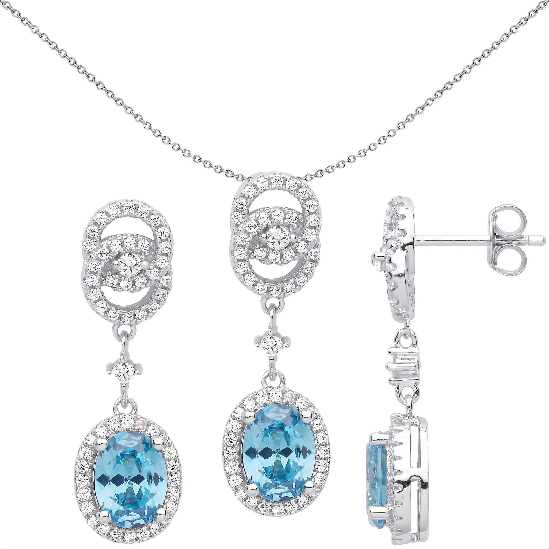 Jewelco London Ladies Rhodium Plated Sterling Silver Blue Oval CZ Double Halo Cluster Raindrop Earrings Necklace Set