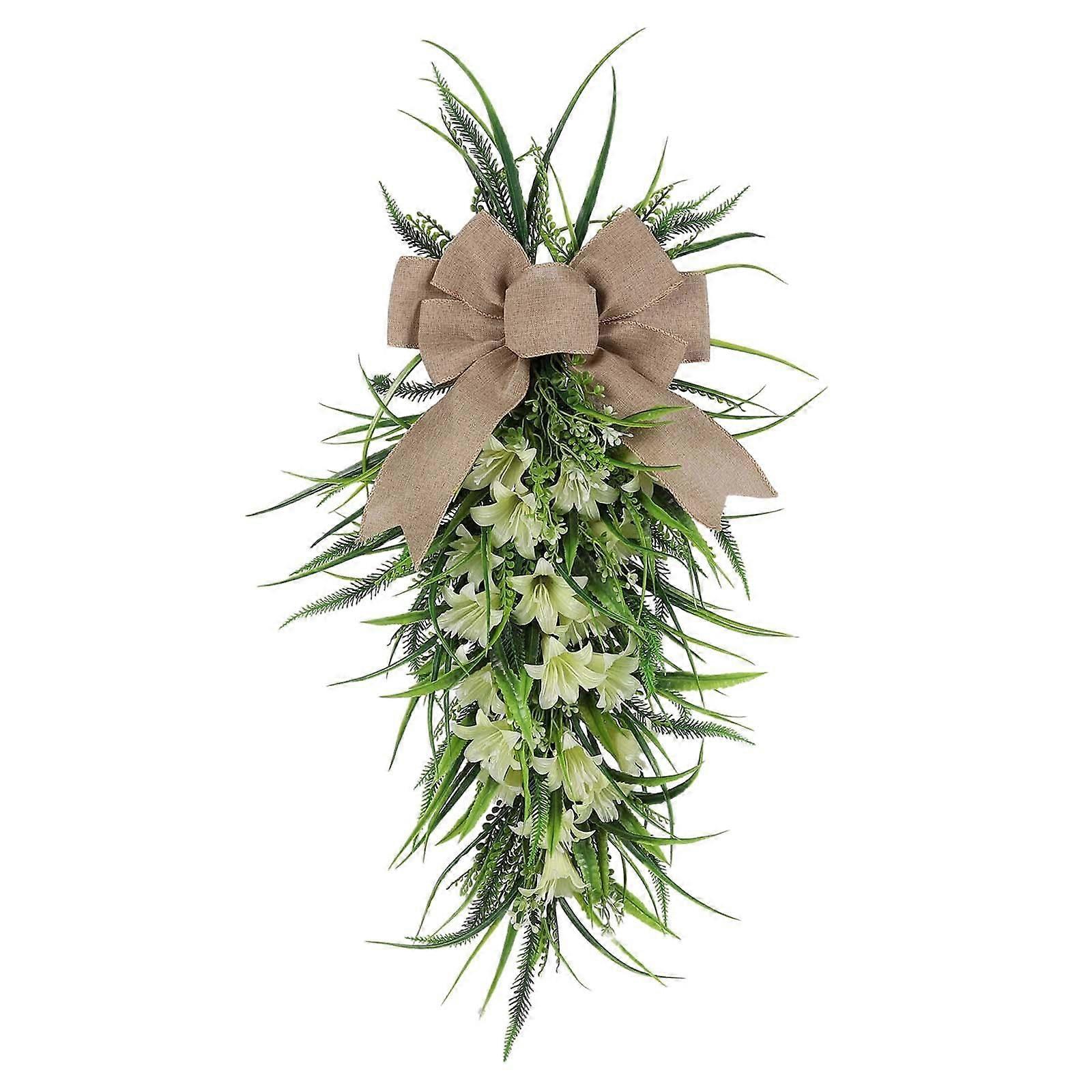 12 Inch Easter Swag Front Door Wreath with Bow Knot for Front Door Year Round - Windows Easter Lilies Green Leaves Wreath