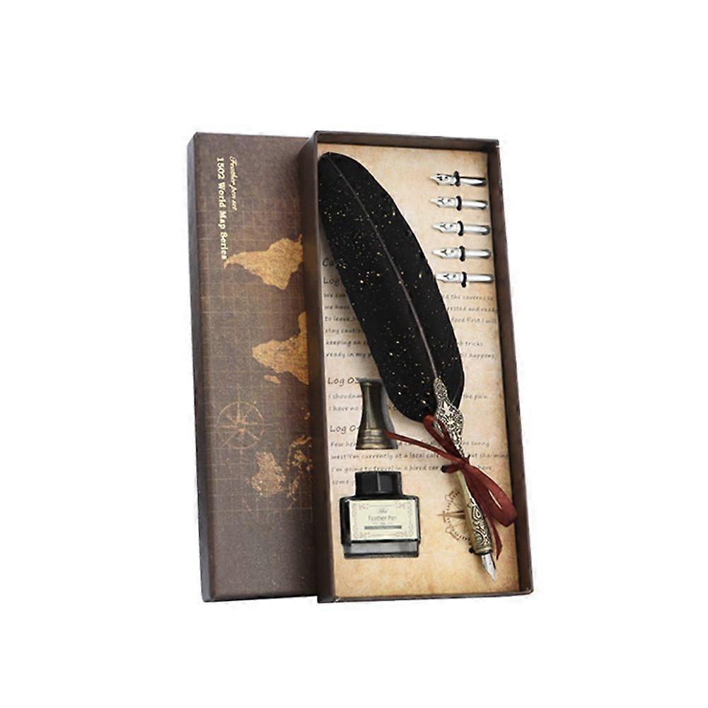 Pen and Ink Set Vintage Quill Dip Pen Writing Ink Nibs Kit Calligraphy Set Gifts for Beginners (Black)