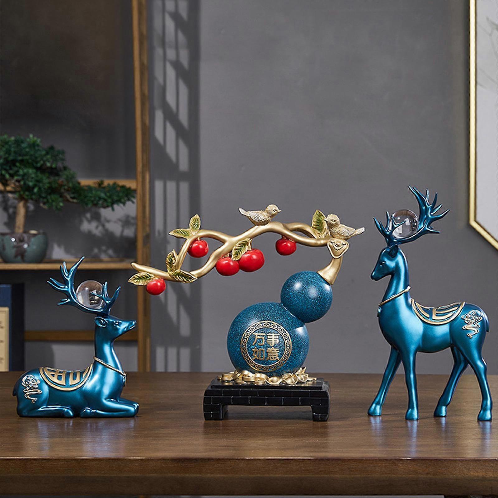 3 Pieces Gourd Deer Statues Set Animals Sculptures Elk Tabletop Ornaments for Fireplace Cabinet Desk