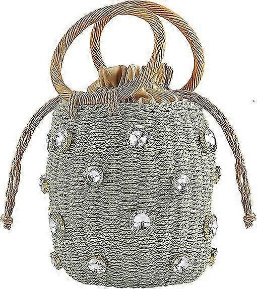 Flower Pearls Rattan Tote Bag Summer Beach Drawstring Straw Bucket Bag Diamonds Woven Handbag