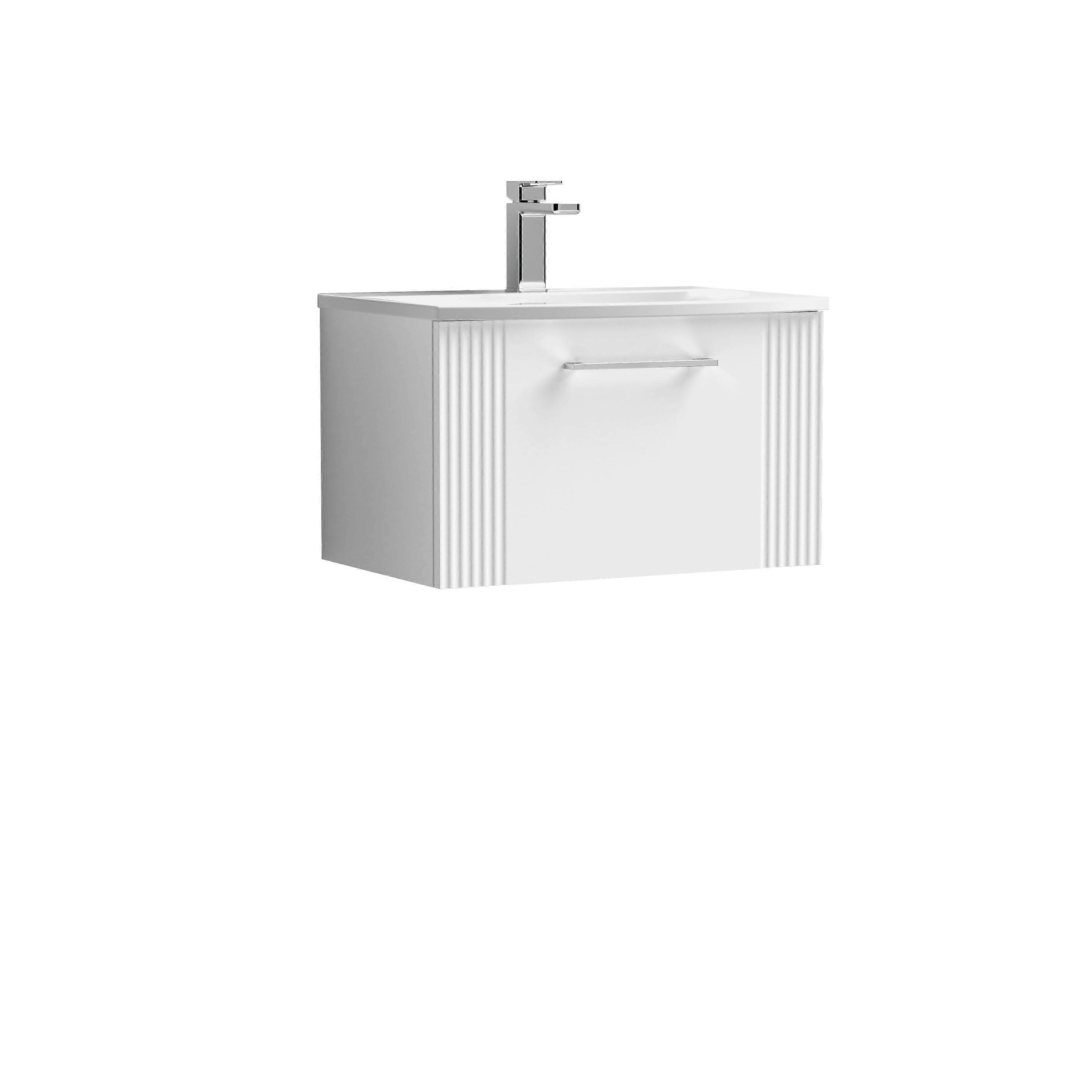 Partial Fluted 1 Drawer Wall Hung Vanity Unit with 1 Tap Hole Curved Basin- 600mm - Satin White  Faucet
