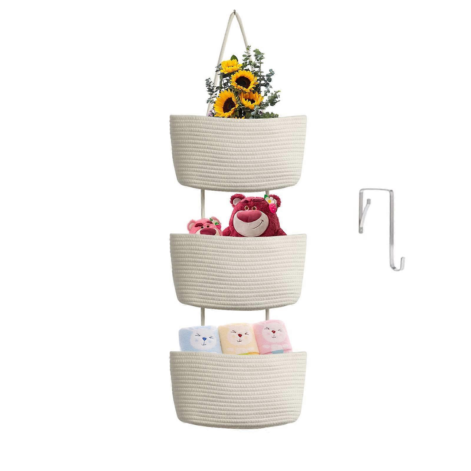 Woven Cotton Hanging Baskets for Nursery Storage, 3-Tier Design, Soft Neutral Colors, Durable and Stylish Home Organization
