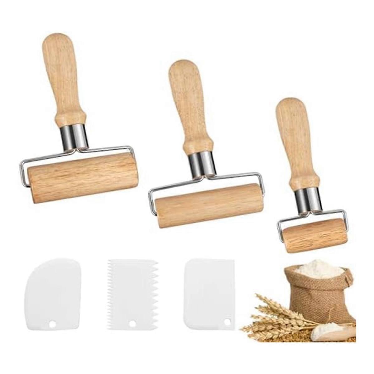 Pack of 3 Wooden Rolling Pin, Rolling Pin with Plastic Dough Scrapers