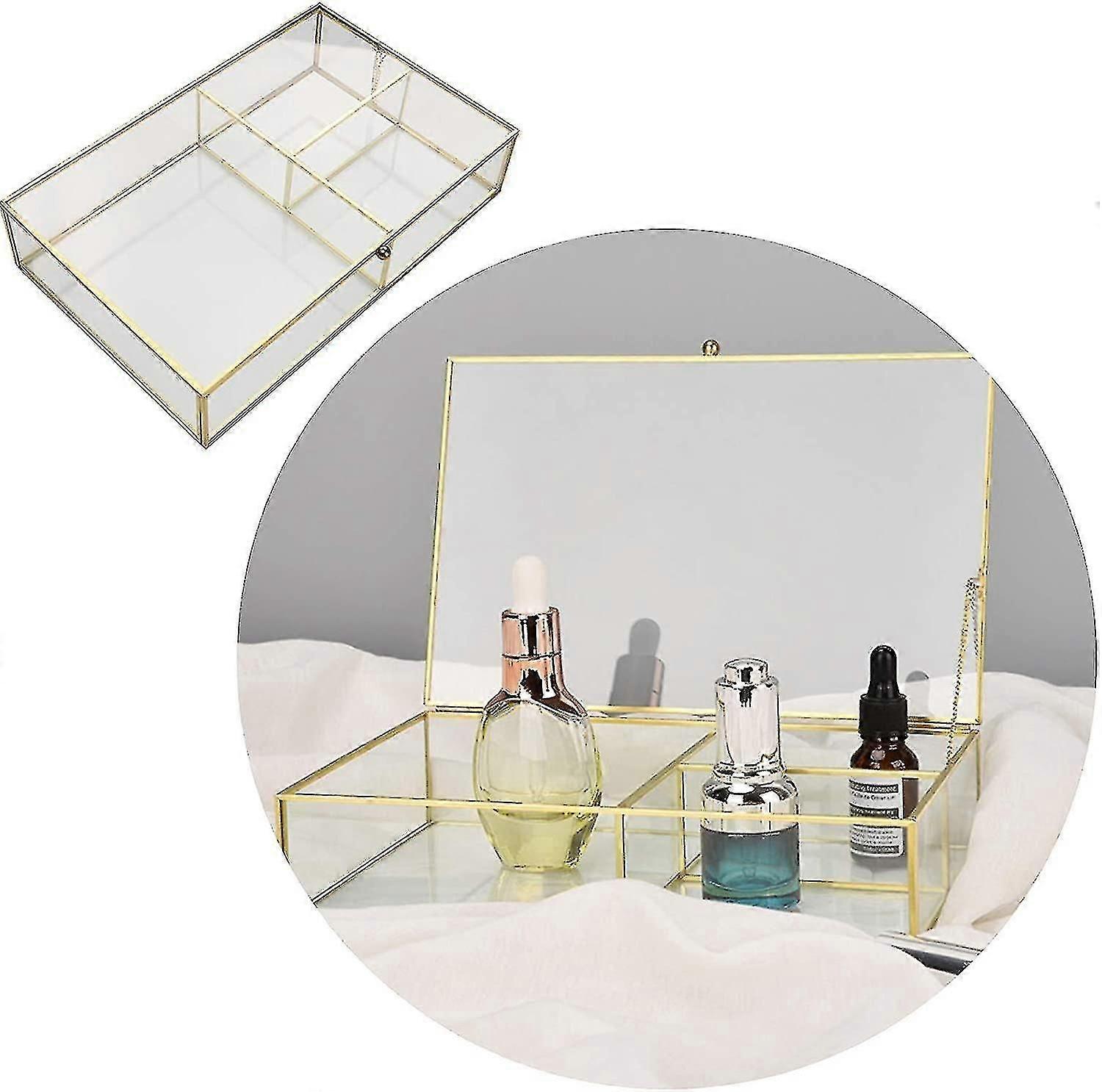 Makeup Organizer, Multi-function Storage Box, 3 Compartments Glass Makeup Organizer, For Storing Per