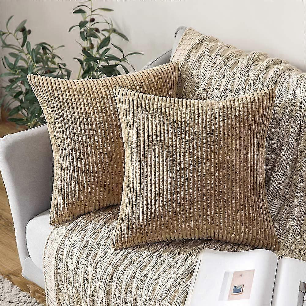 Pack of 2 Corduroy Pillow Covers Soft Soild Striped Throw Pillow Covers Set Decorative Square Cushion Cases Pillowcases 16 x 16 Inch Khaki