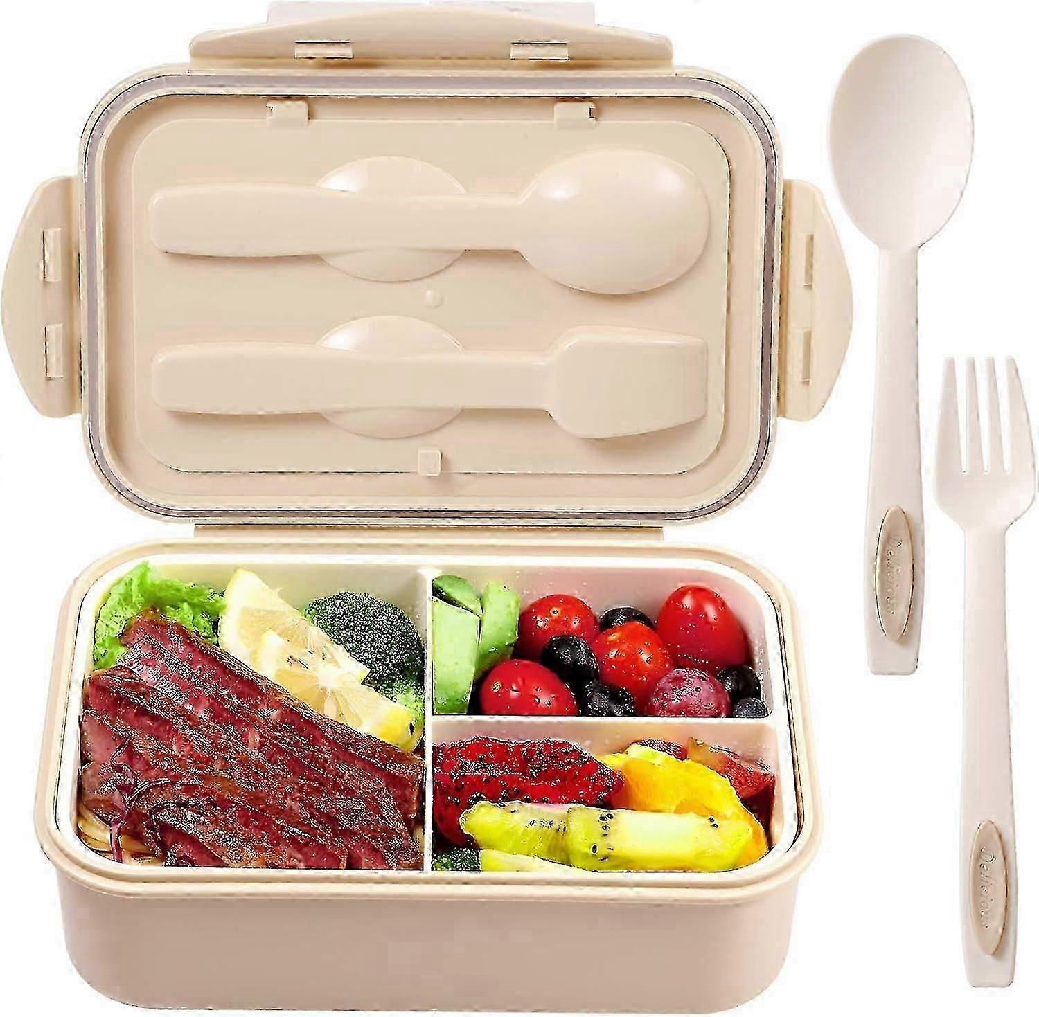 Bento Box For Lunch Containers For Kids 3 Compartment Food Containers Leak Proof Microwave Safe(flatware Included,khaki)