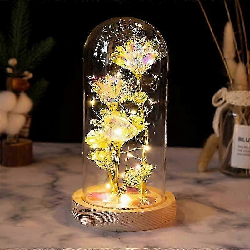 LEDライト付きガラスドームのエターナルローズ - 美女と野獣にインスパイアされたママへの黄色いバラのギフト