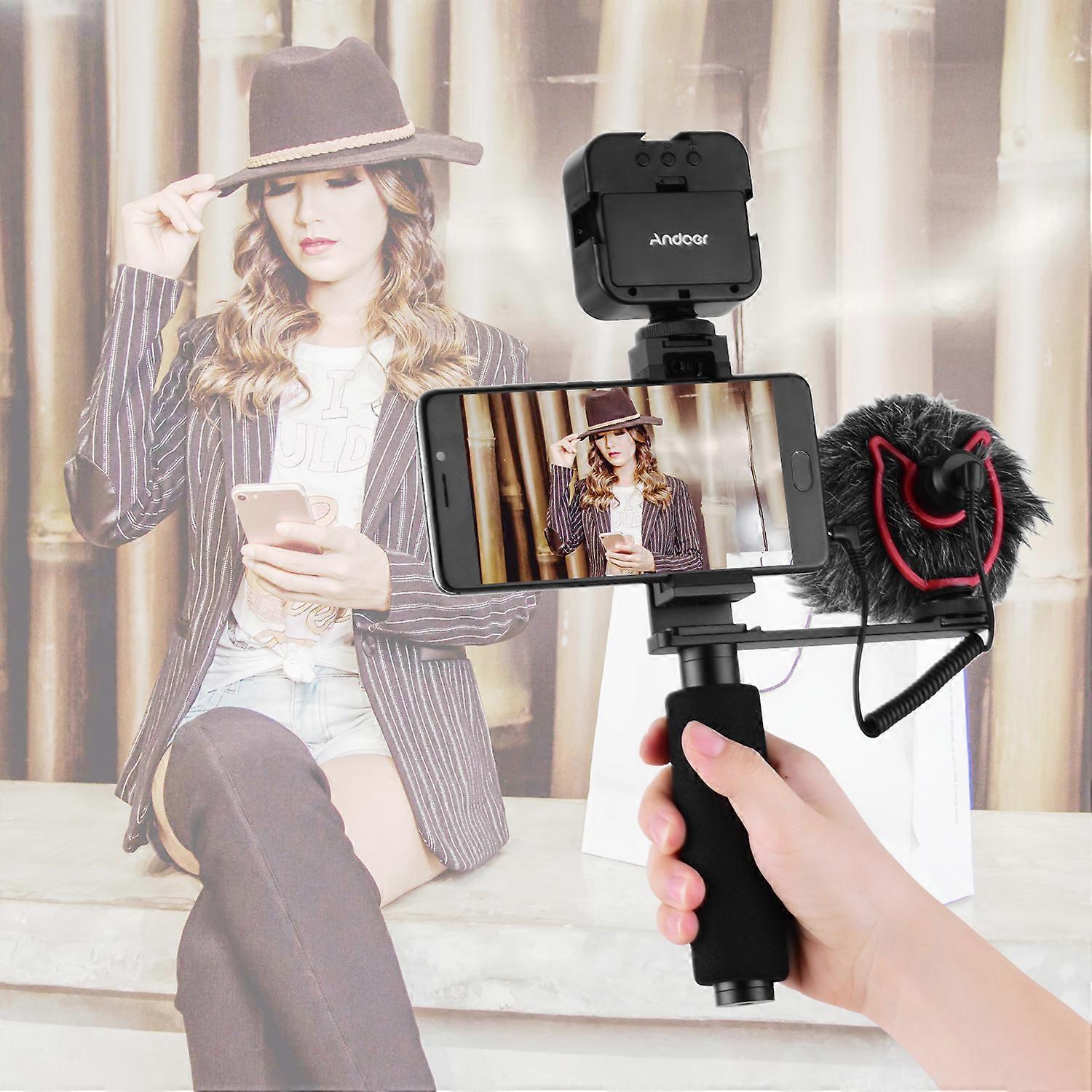 Andoer Smartphone Vlogging Stabilizer Handle - Includes Mic & LED Light for Video Recording
