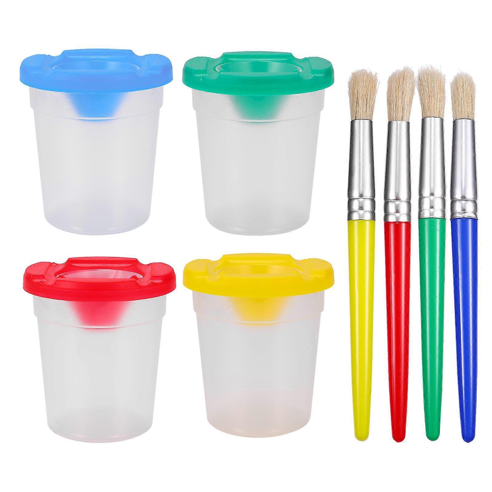 Paint Cups And Assorted Color Brushes For Kids Art Party School Classes 4Pcs Total