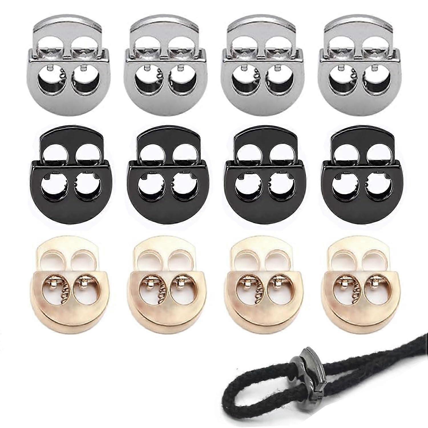 Pack of 12 Cord Locks, 2-Hole Rustproof Spring Metal Double Hole Cord Stoppers for Clothing, Shoes, Backpacks, Black Silver Gold