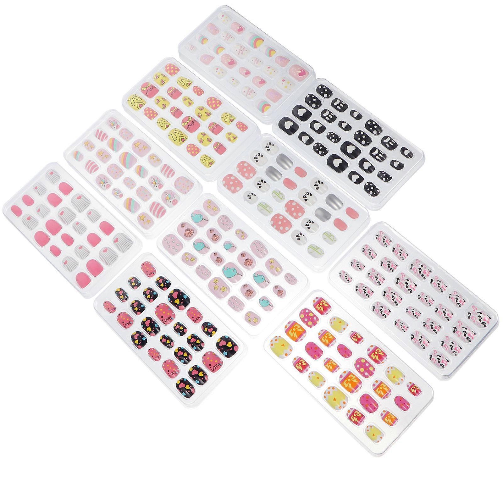 240pcs/ 10 Boxes Kids Fake Nails Full Cover Short False Fingernails Nail Sticker(Mixed Style)