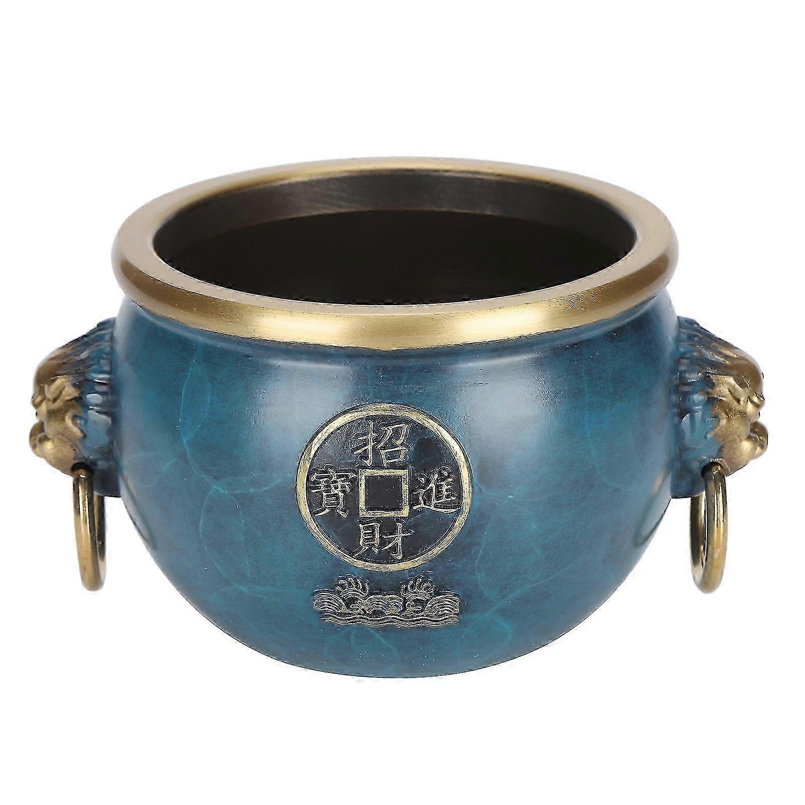 Cylinder Brass Incense Burner Bowl with Auspicious Ornament for Office and Tearoom