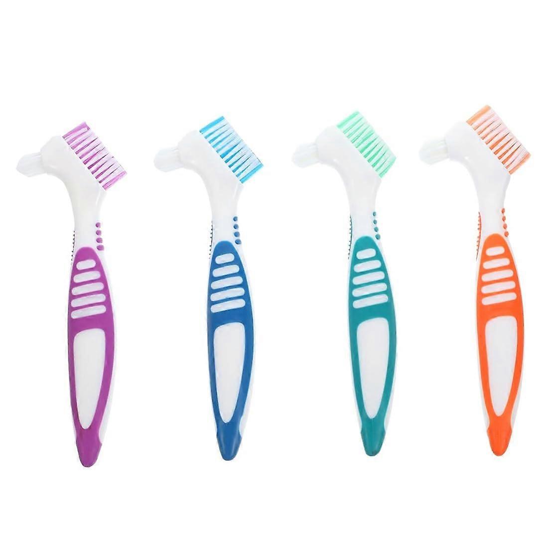 Double-Sided Denture Cleaning Brushes - Ergonomic Multi-Layered Bristle Brush for False Teeth - Portable 4-Color Set