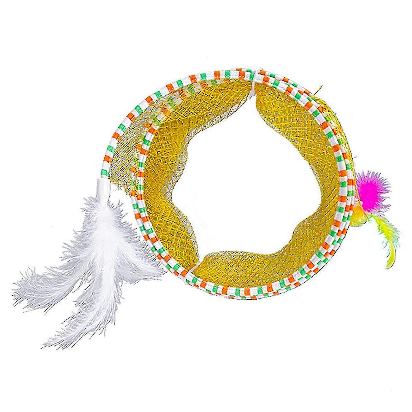 Multipurpose Cat Tunnel Toy with Interactive Feathers & Mouse - Collapsible S-Shaped Pet Tunnel for Indoor Cats & Kittens in Yellow