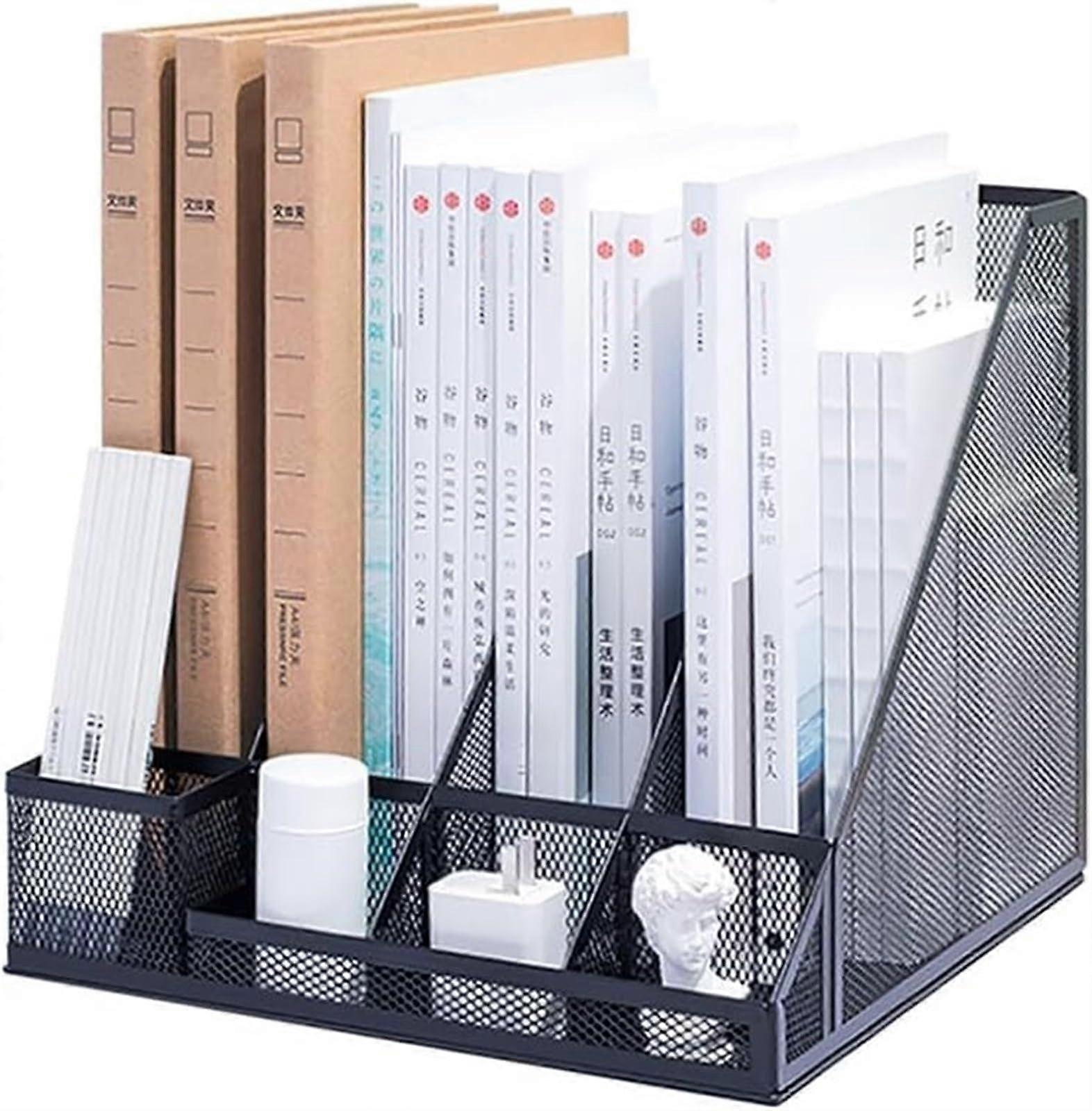 Magazine Rack Vertical Book Organiser Metal File Storage Desk Bookshelf 4 Sections Black 30x30.5x25.5cm Office Organizer