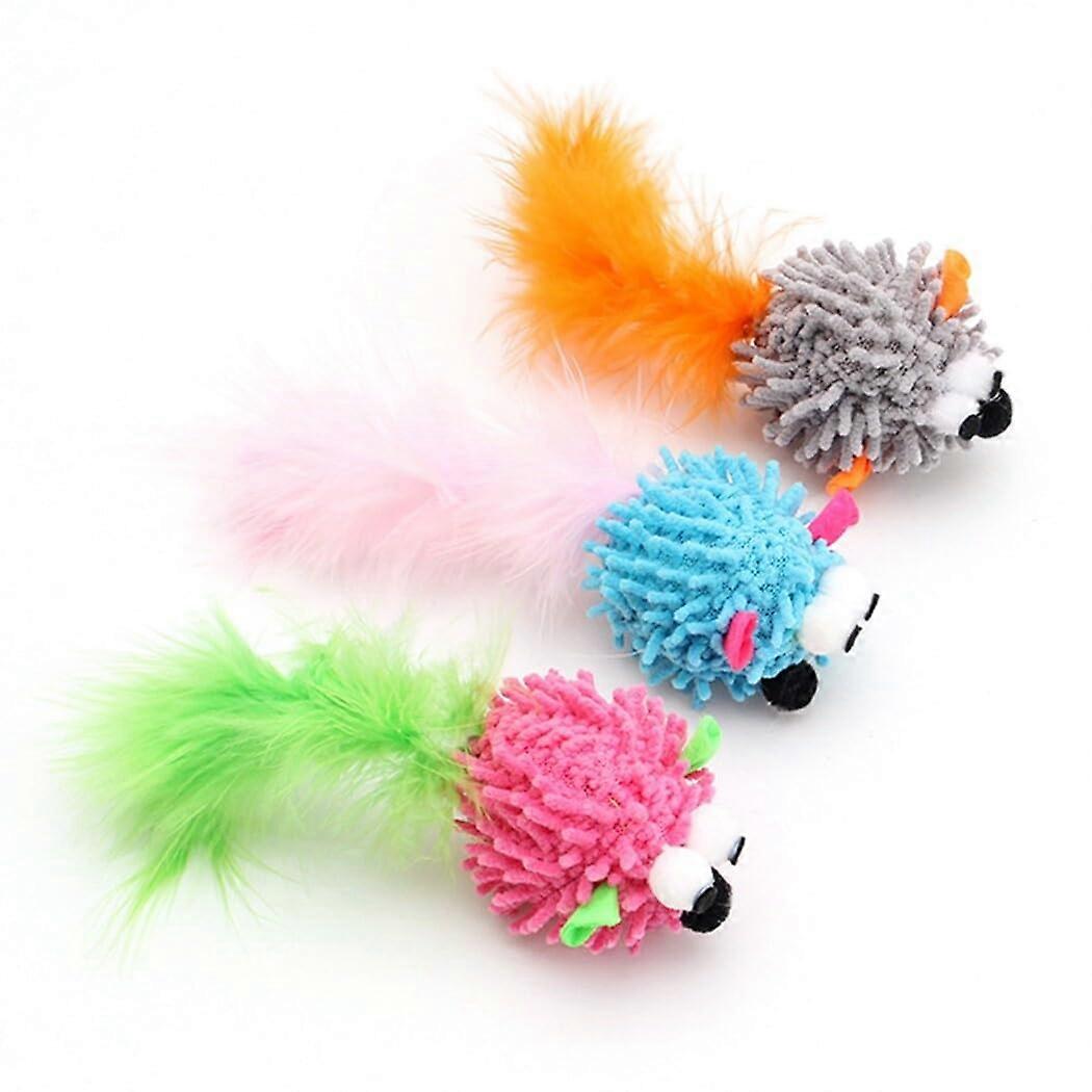 Plush Kitten Mouse Toy Three-Pack Multicolor Feather-Accented Cat Chew Toys For Indoor Use